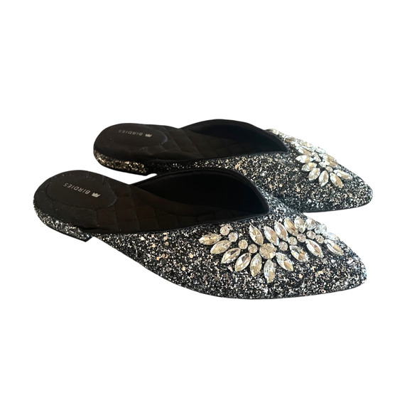 BIRDIES The Swan Women's Size 7 Jeweled Gunmetal Elegant Glittery Slip-On Mules - Picture 1 of 10